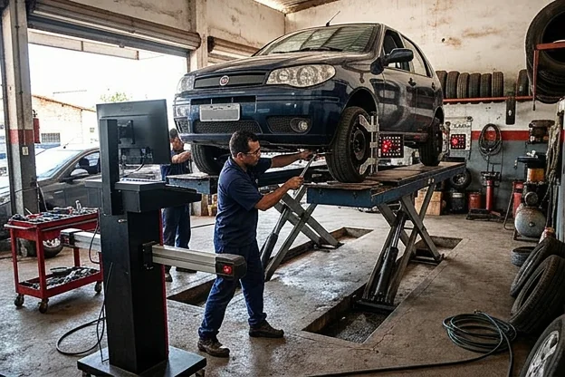Carro sendo alinhado com precisão por um profissional numa borracharia.