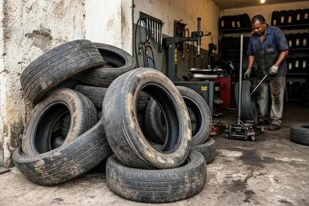 Pneus desgastados em uma borracharia mostrando sinais de necessidade de troca.