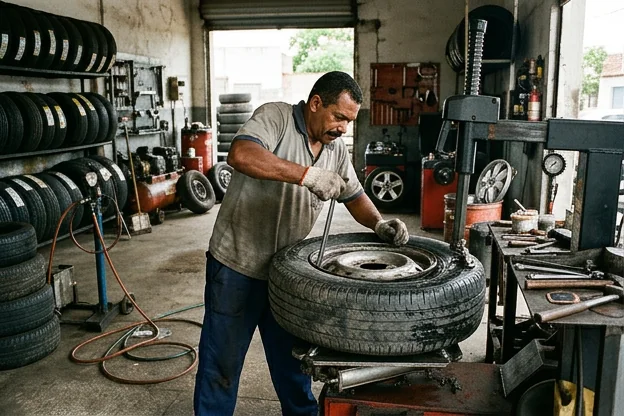 Profissional manuseando um pneu de carro com ferramentas de manutenção.