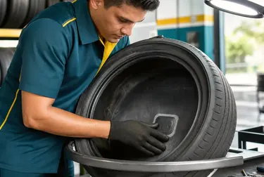 Profissional realizando o conserto de um pneu em uma borracharia.